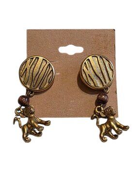 Disney Lion King Earrings Simba Dangle Brown Wood Bead Brass Signed